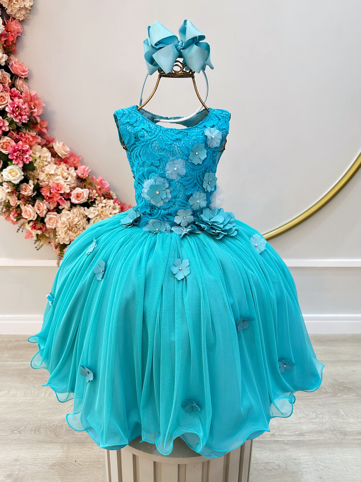 Vestido Infantil Verde Tiffany C/ Renda Aplique de Flores