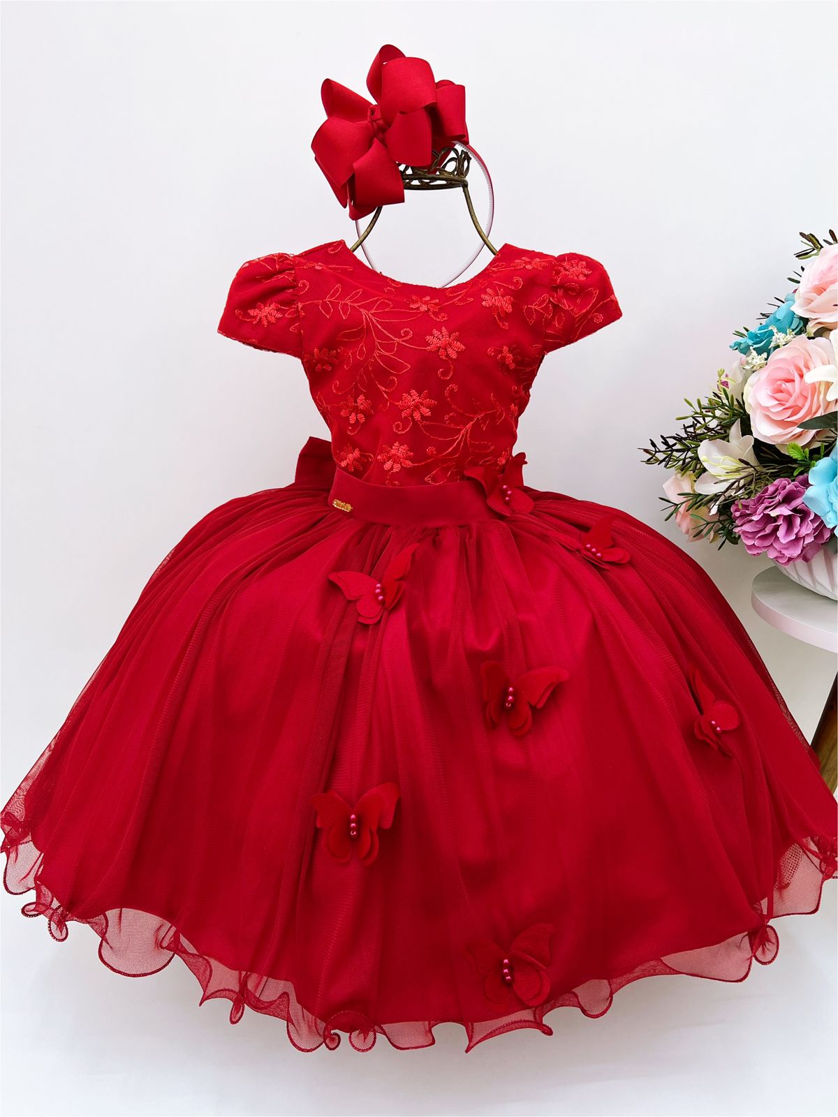 Vestido Infantil Vermelho Aplique Borboletas Laço Costas