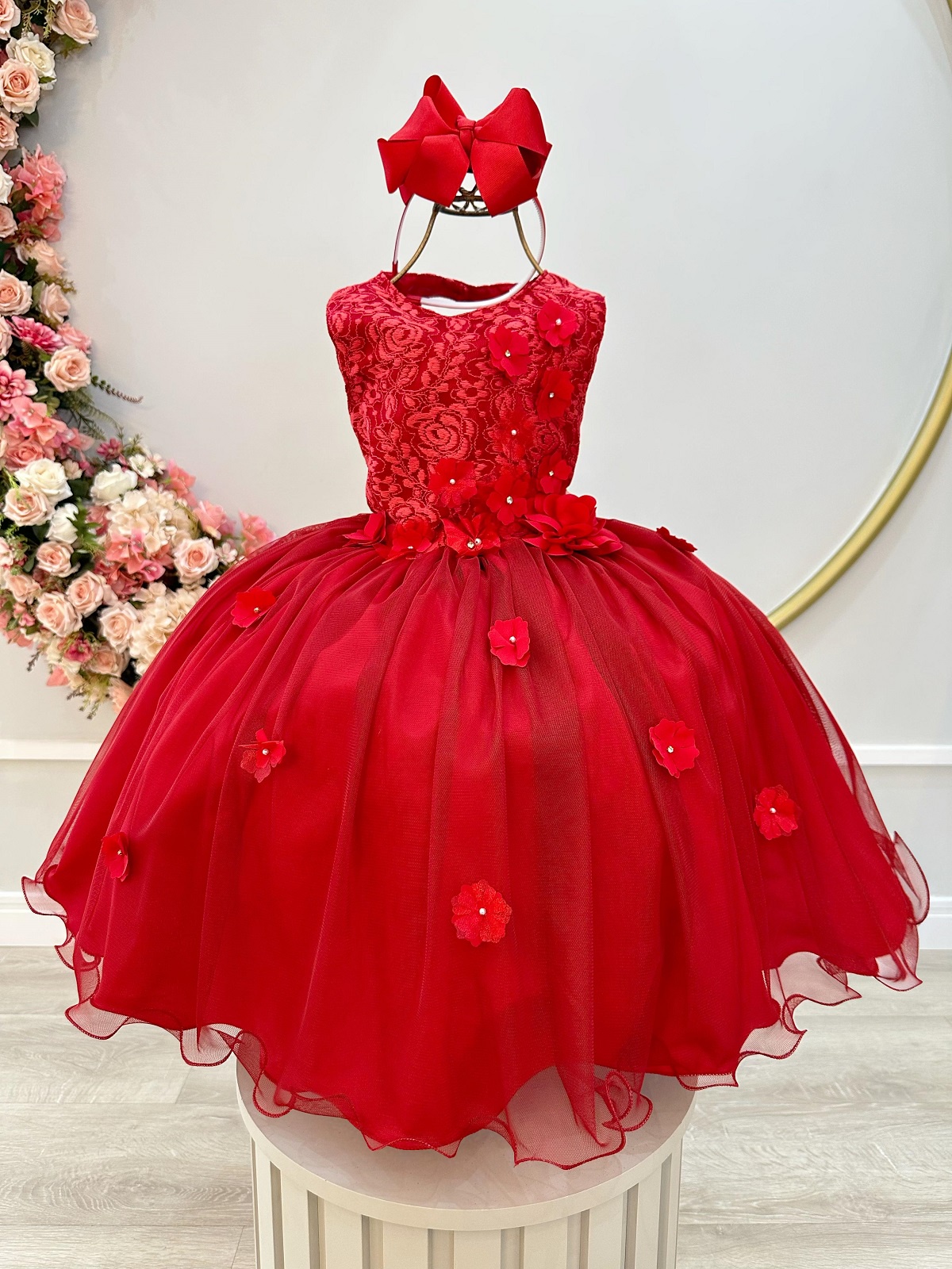 Vestido Infantil Vermelho Aplique de Flores e Renda Damas