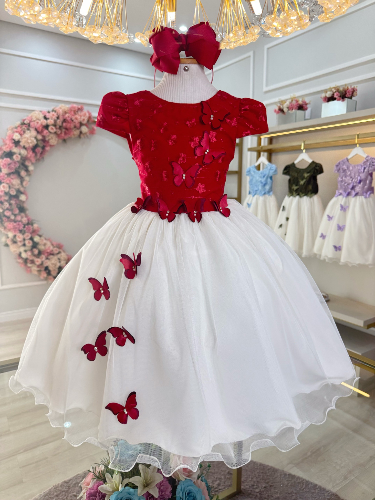 Vestido Infantil Vermelho Bordado Borboletas Dama Festa Luxo