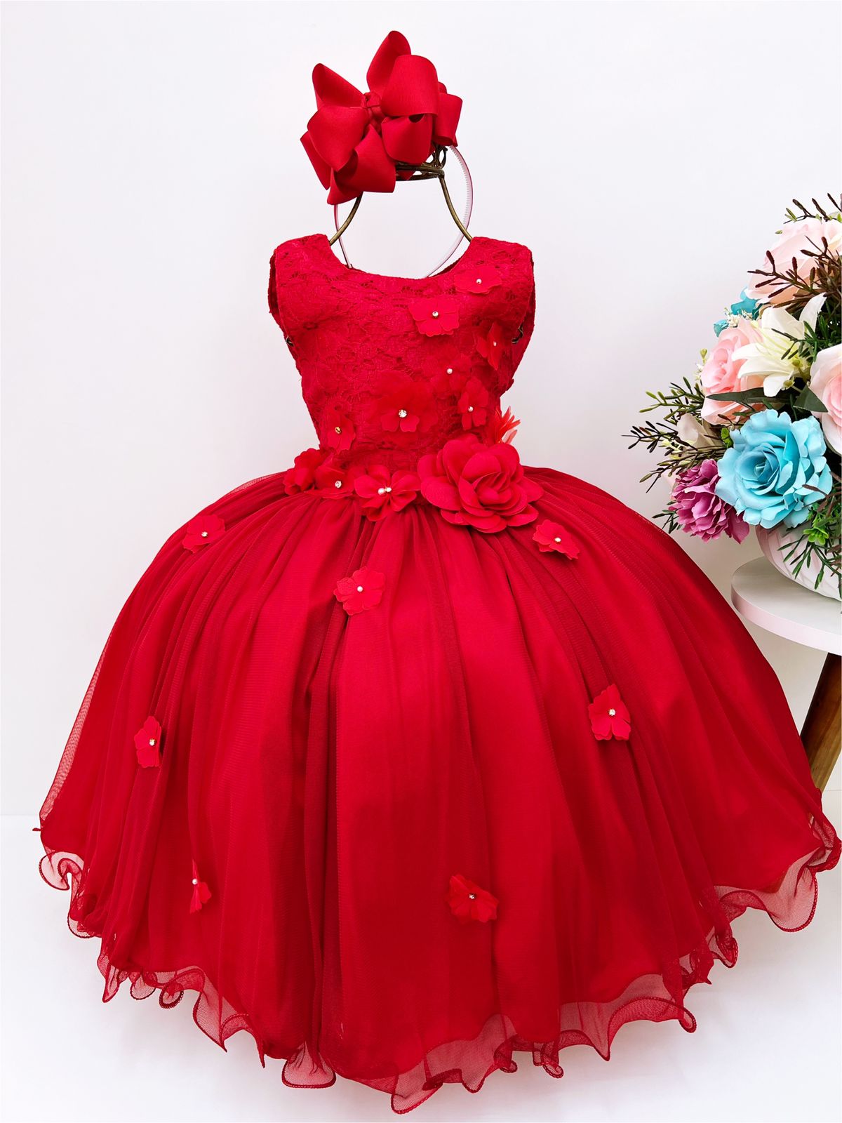 Vestido Infantil Vermelho C/ Aplique de Flores e Renda Damas