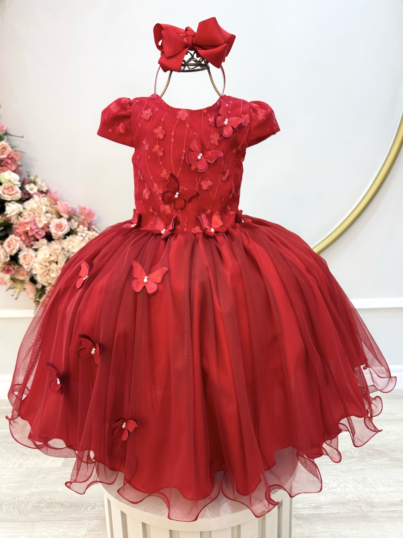 Vestido Infantil Vermelho C/ Apliques Borboletas Festas Luxo