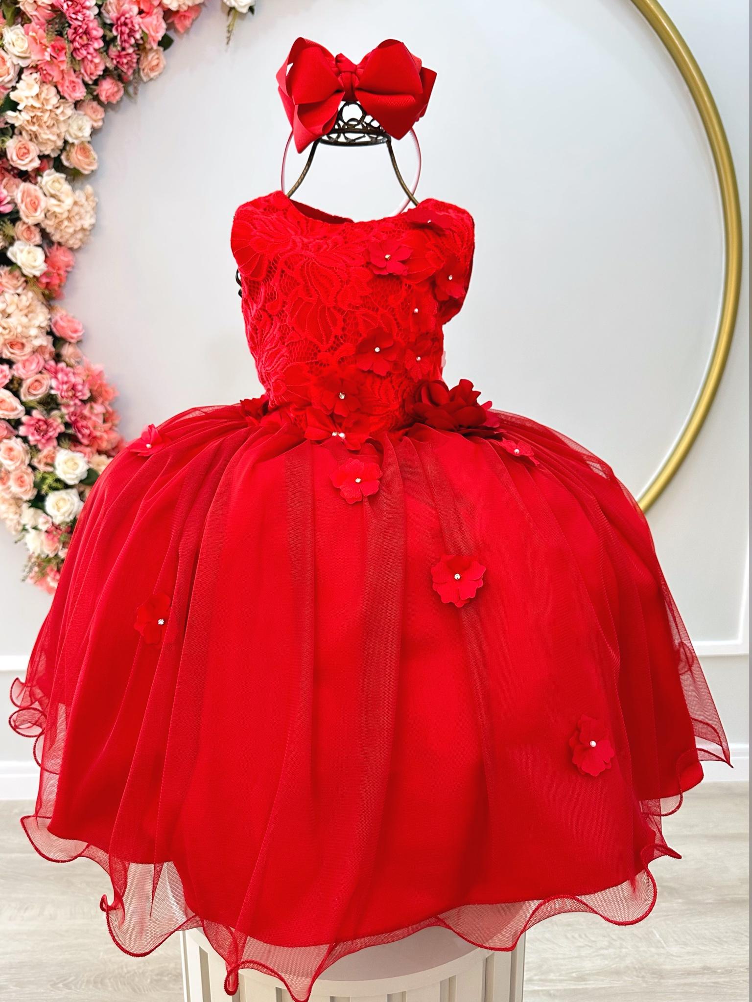 Vestido Infantil Vermelho C/ Renda e Aplique de Flores Damas