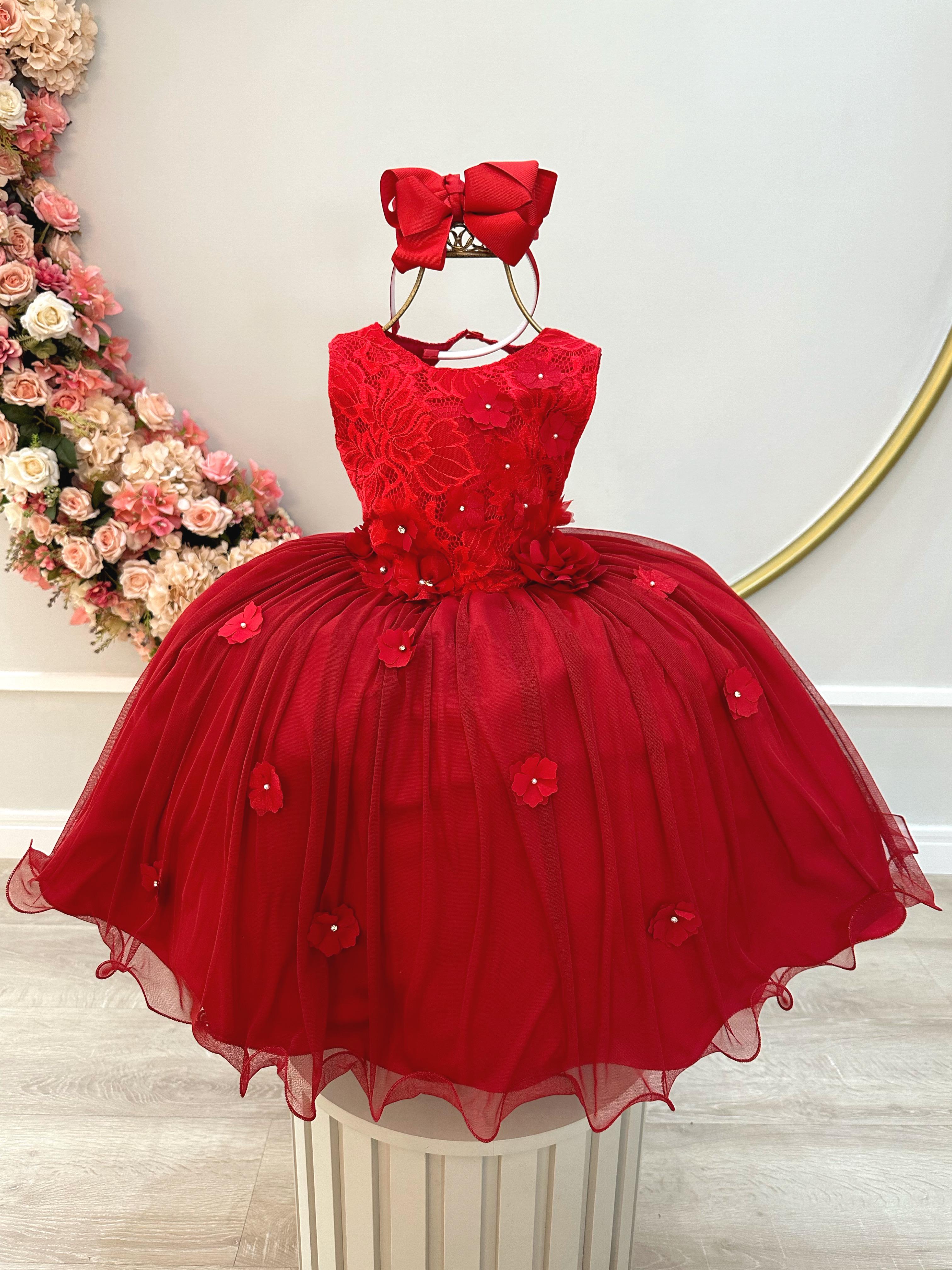 Vestido Infantil Vermelho C Renda e Aplique de Flores Damas