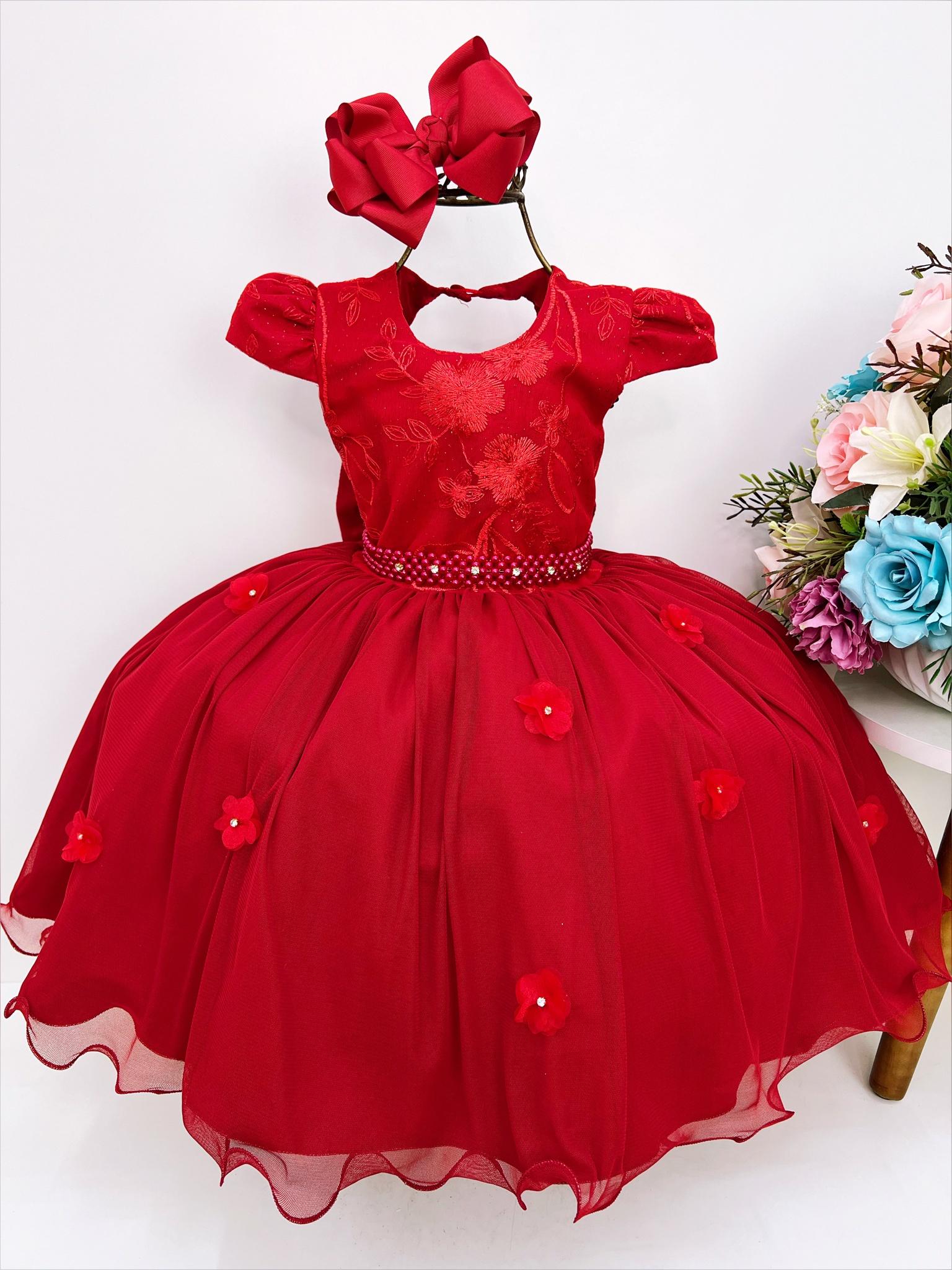 Vestido Infantil Vermelho C/ Renda Pérolas Strass