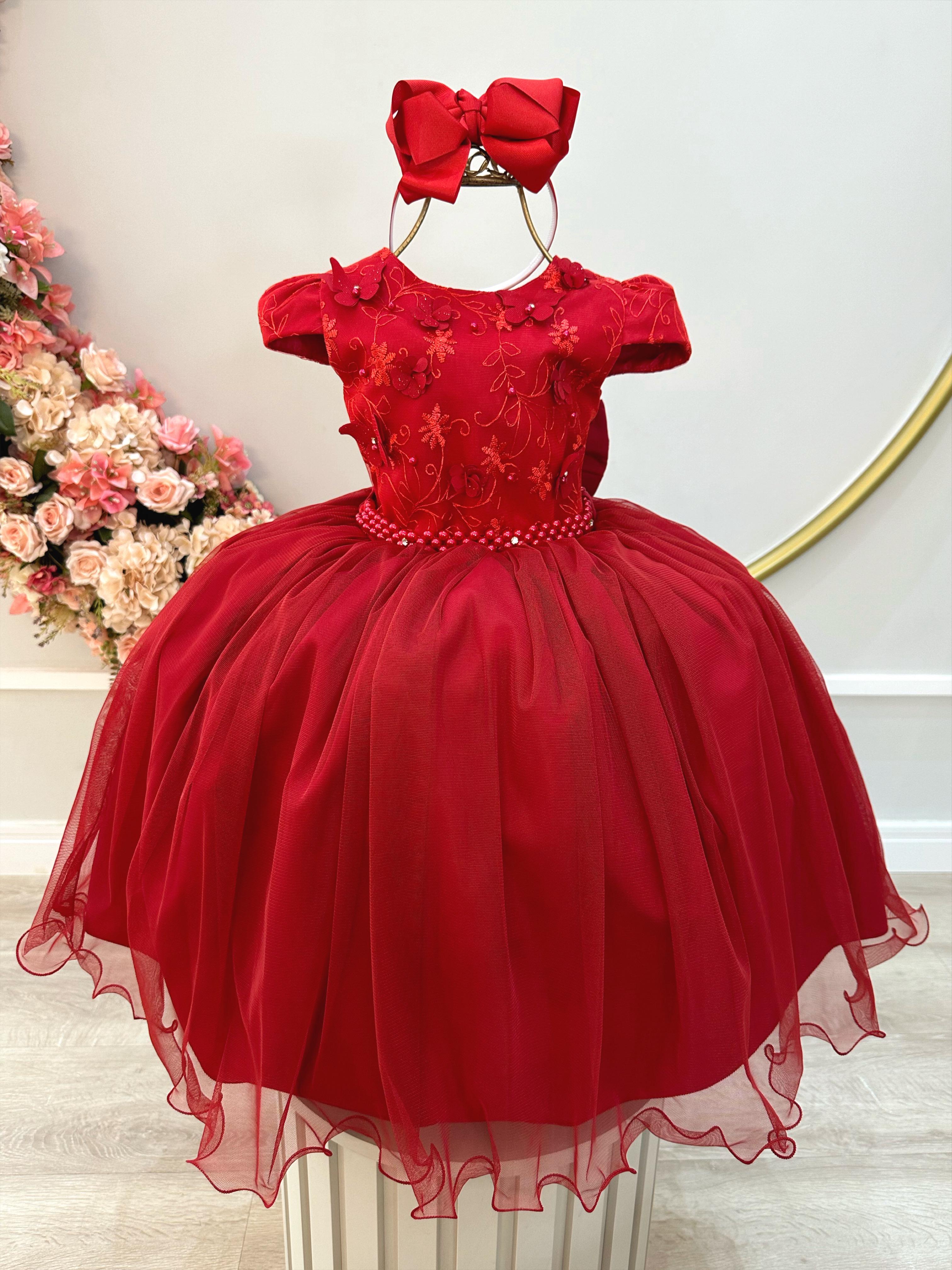 Vestido Infantil Vermelho Damas C/ Renda e Aplique Borboletas