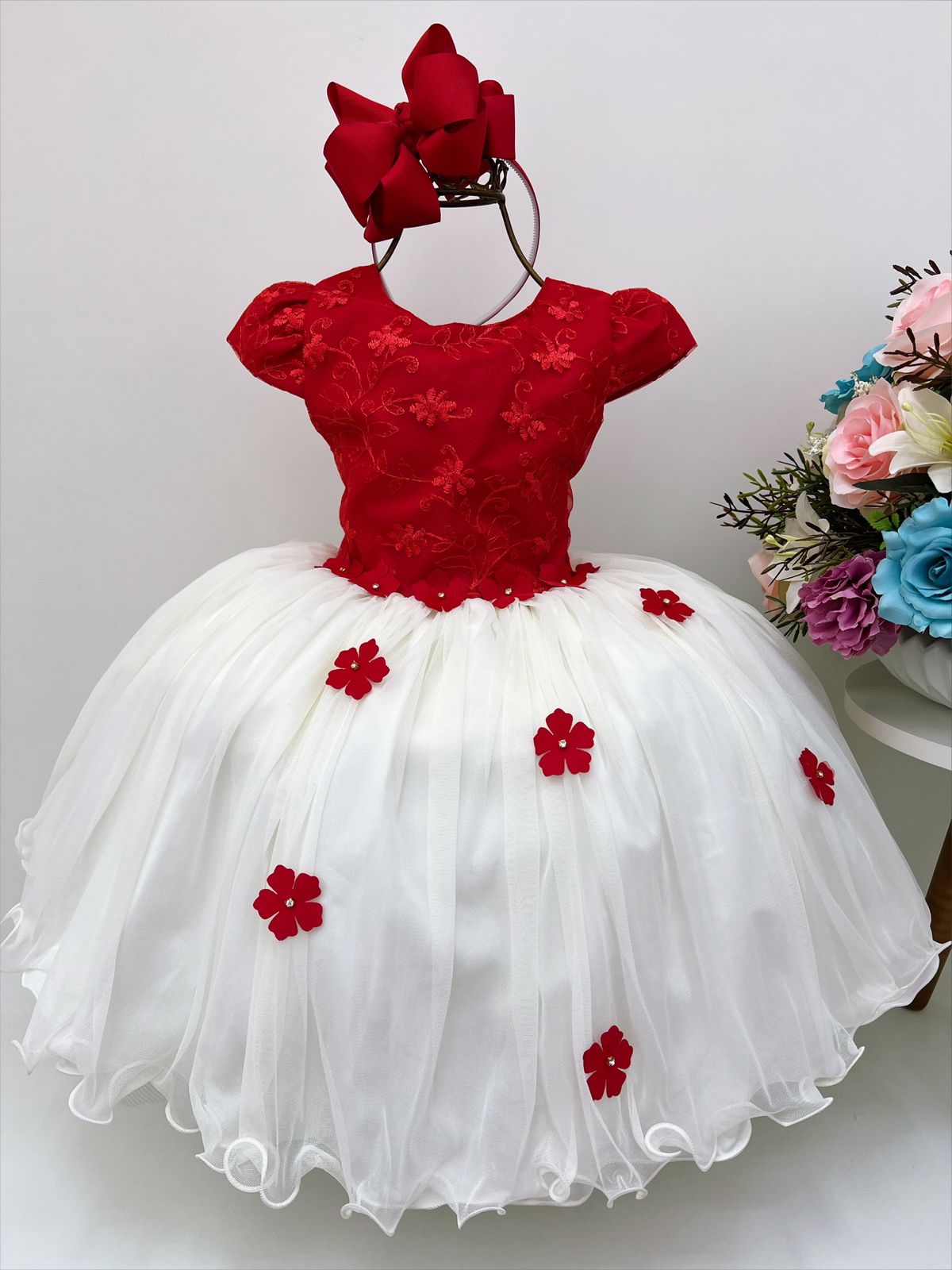 Vestido Infantil Vermelho e Off C/ Apliques Daminhas Festas