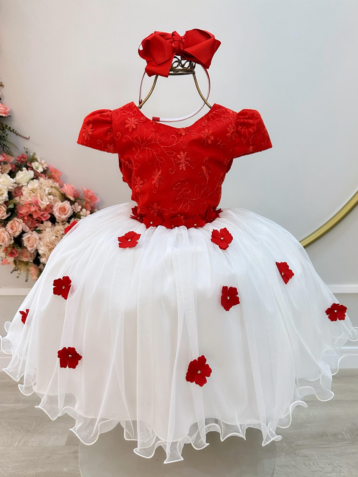 Vestido Infantil Vermelho e Off C/ Apliques Daminhas Festas