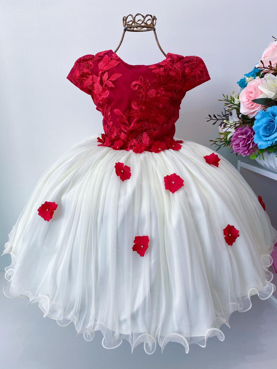 Vestido Infantil Vermelho Renda Festas Luxo Princesas - Rosa