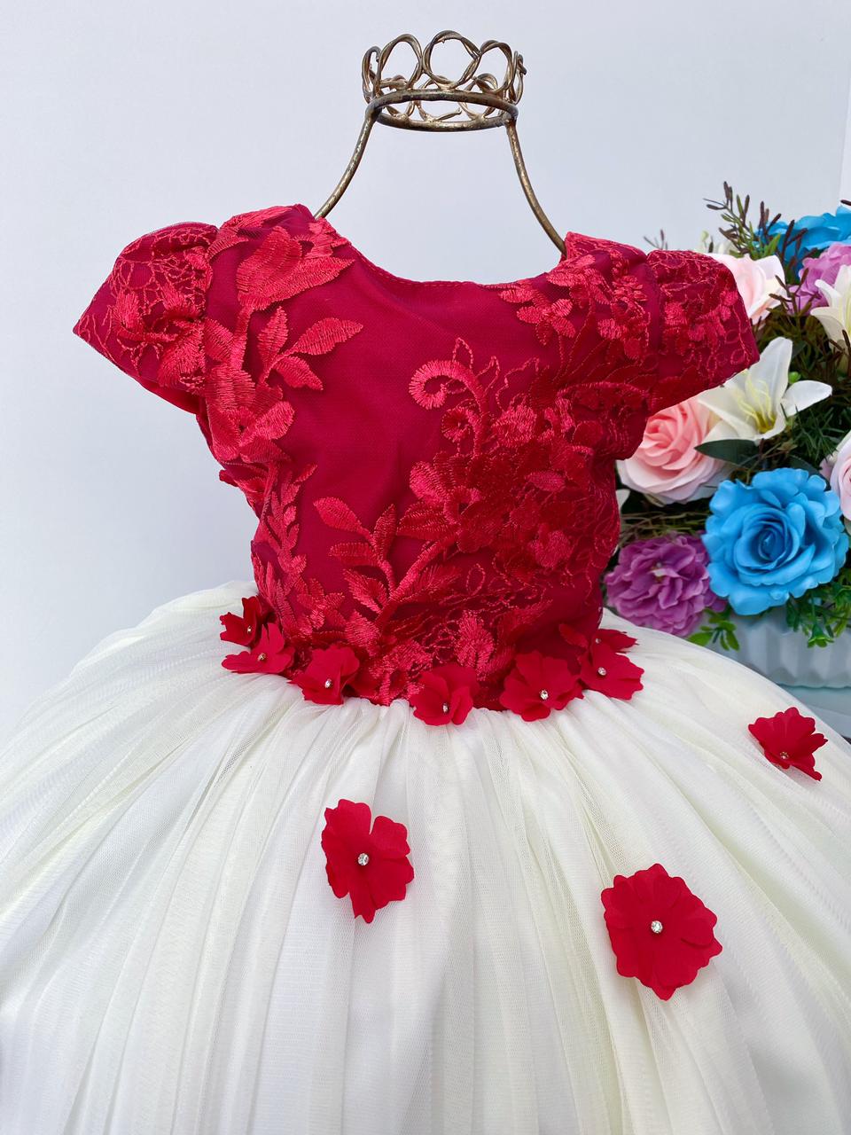 Vestido Infantil Vermelho Realeza Renda Princesa Luxo Festa - Rosa