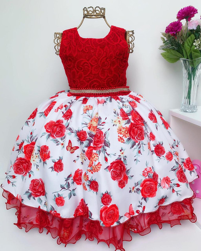 Vestido Infantil Vermelho Floral Renda de Luxo Cinto Strass