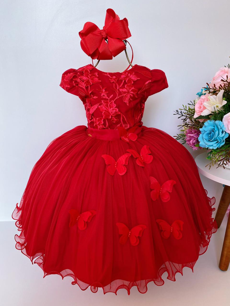 Vestido Infantil Vermelho Luxo Renda Aplique de Borboletas