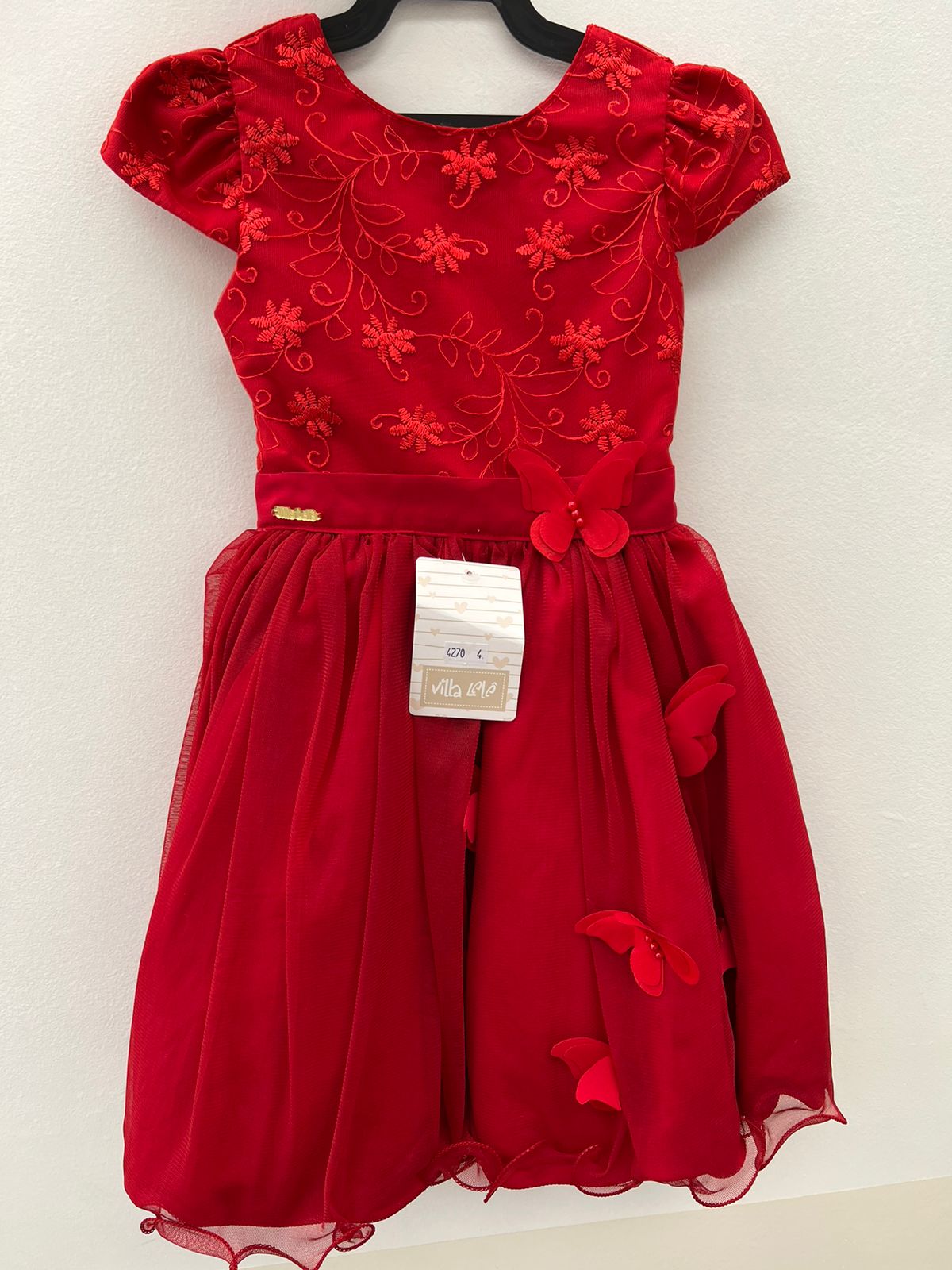 Vestido Infantil Vermelho Luxo Renda Aplique de Borboletas