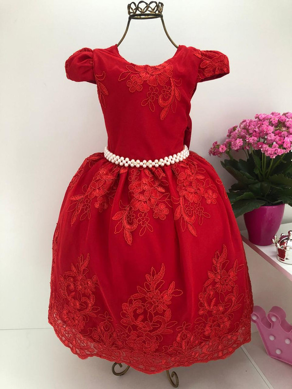 Vestido Infantil Vermelho Renda de Luxo Cinto Pérolas Strass