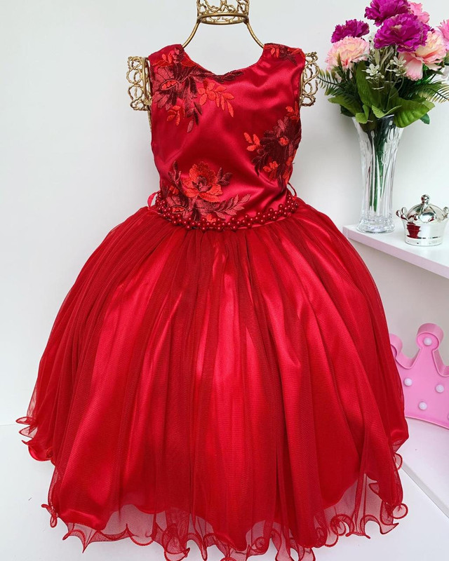Vestido Infantil Vermelho Renda Luxo Cinta Pérolas