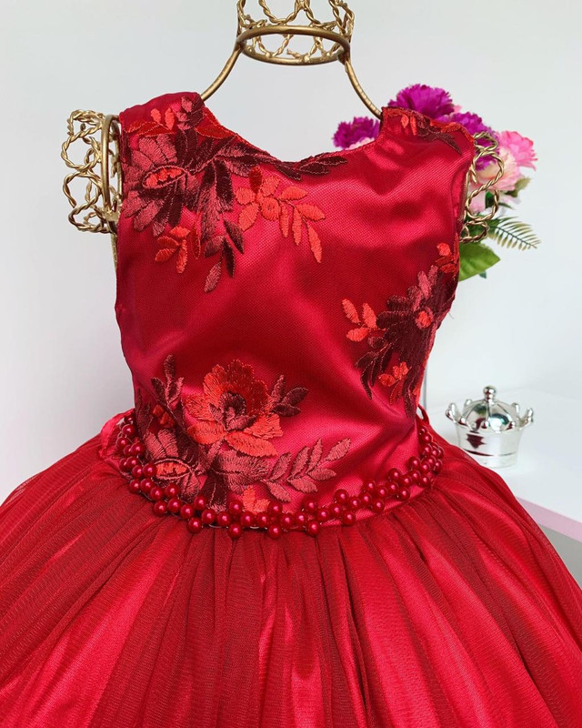 VESTIDO FESTA PRINCESA LUXO VERMELHO TULE COM PÉROLAS SOB L49ESQMD8