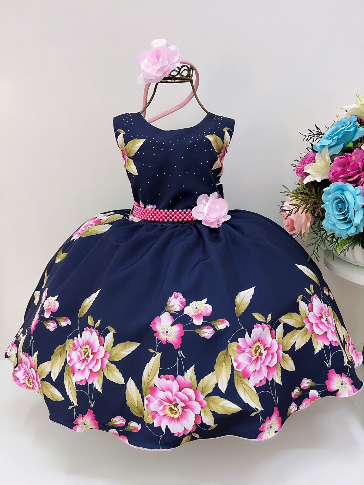 Vestido Infantil Azul Marinho Florido Cinto de Pérolas Tiara