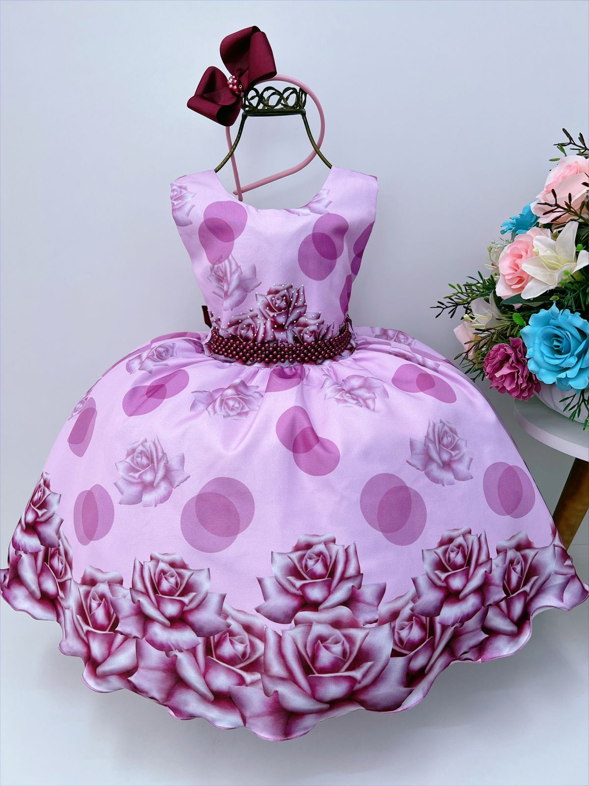 Vestido Infantil Marsala Florido Strass Peito Pérola e Tiara