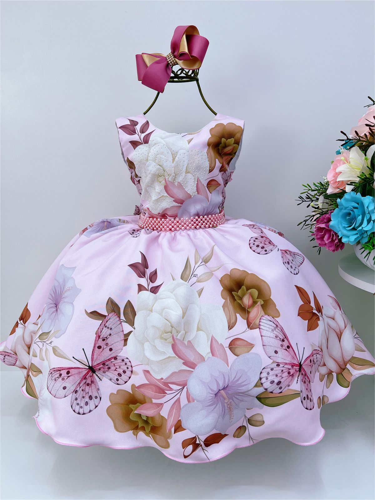 Vestido Infantil Rosa Florido Borboletas Cinto Pérolas Laço