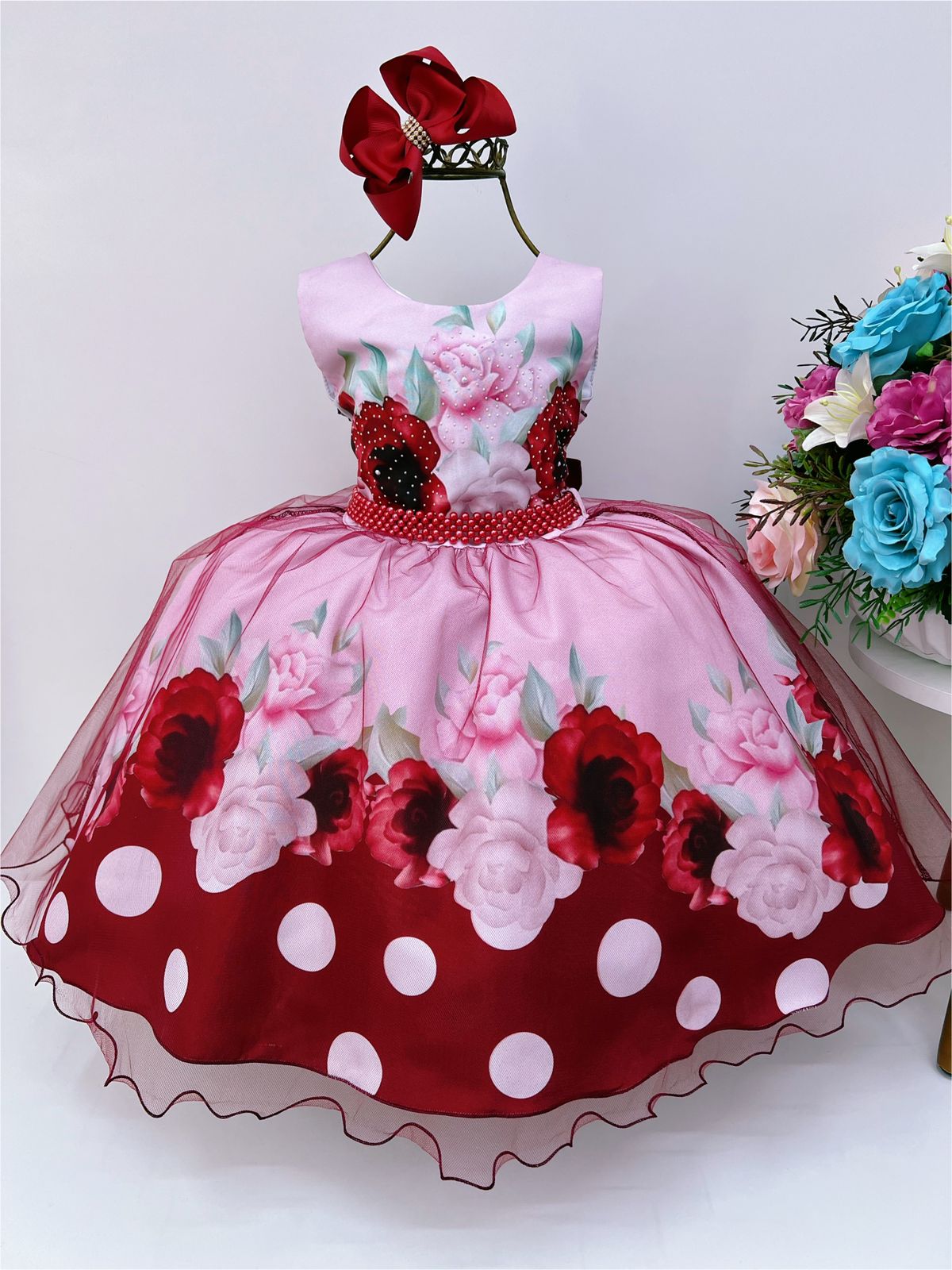 Vestido Infantil Rosa Florido Strass Cinto de Pérolas e Laço