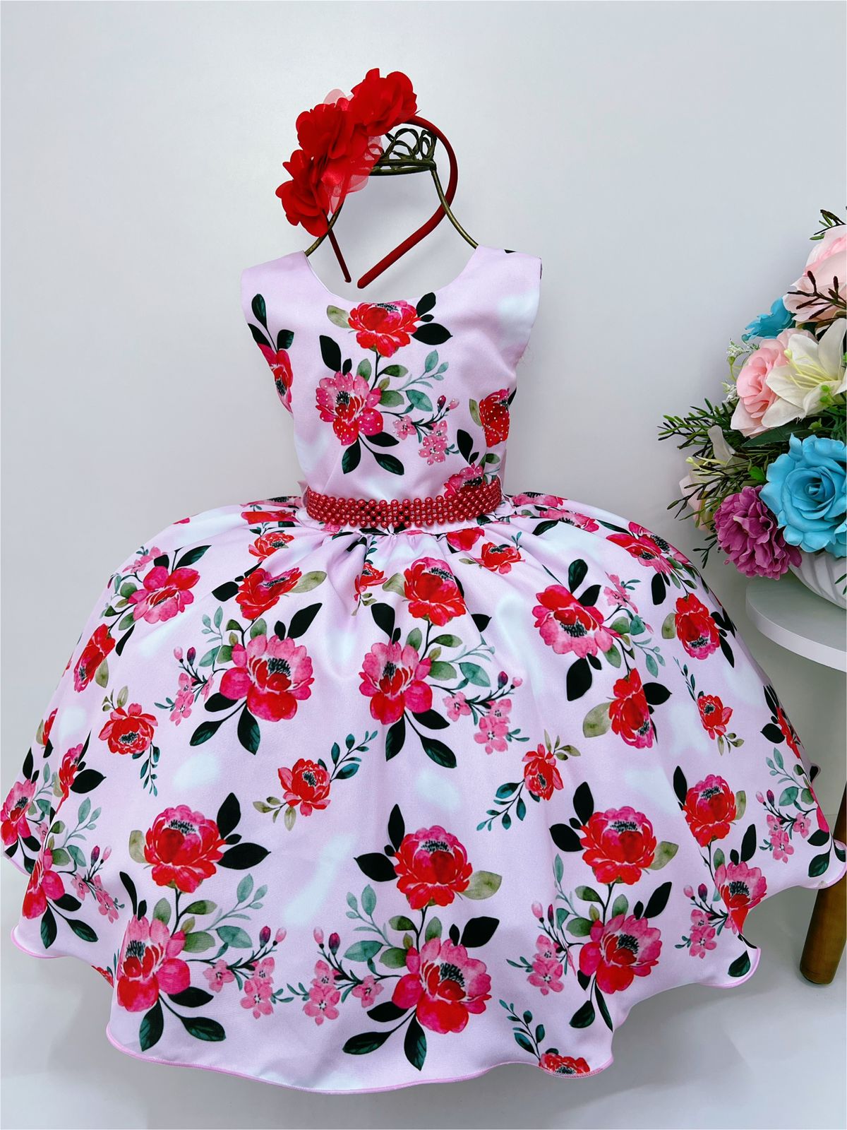 Vestido Infantil Rosa Jardim das Flores Cinto Pérolas Tiara