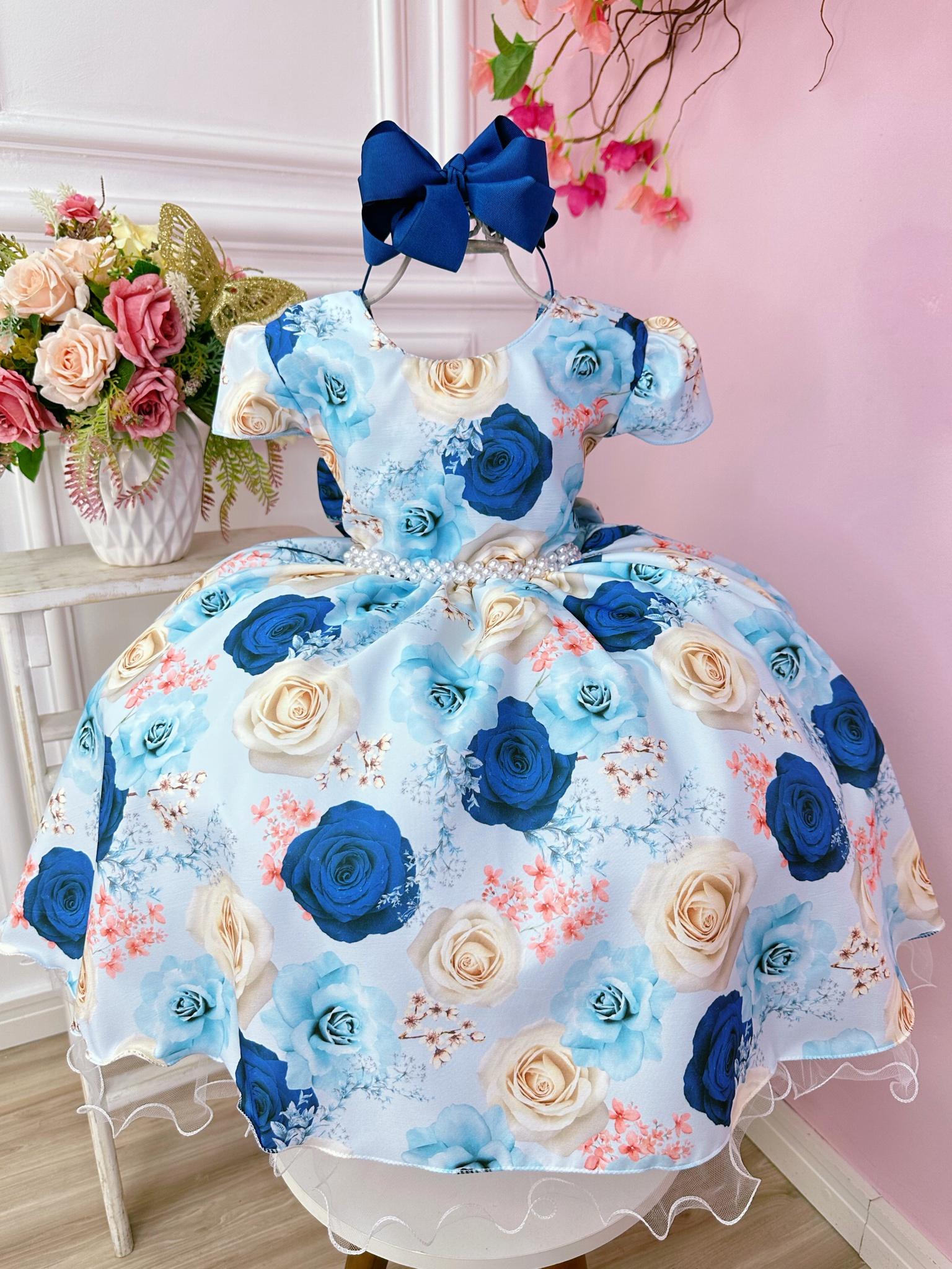 Vestido Infantil Azul Florido Rosas e Cinto de Pérolas Festa