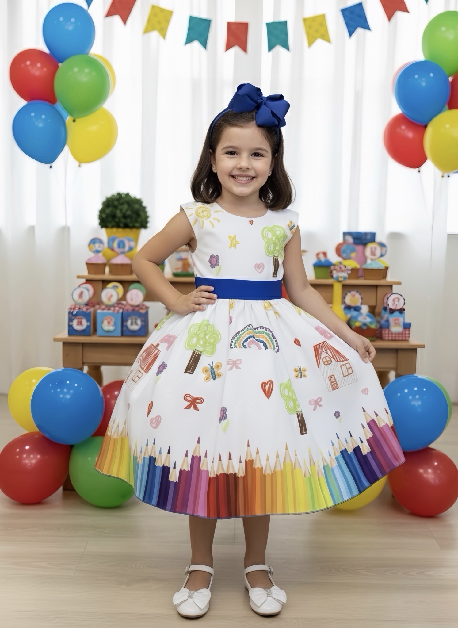 Vestido Infantil Branco Aquarela Formaturas Festas